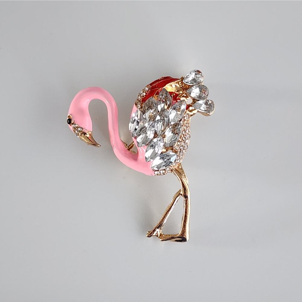 Pink Flamingo Brooch Enamel and Faux Jewel & Crystals Goldtone Metal